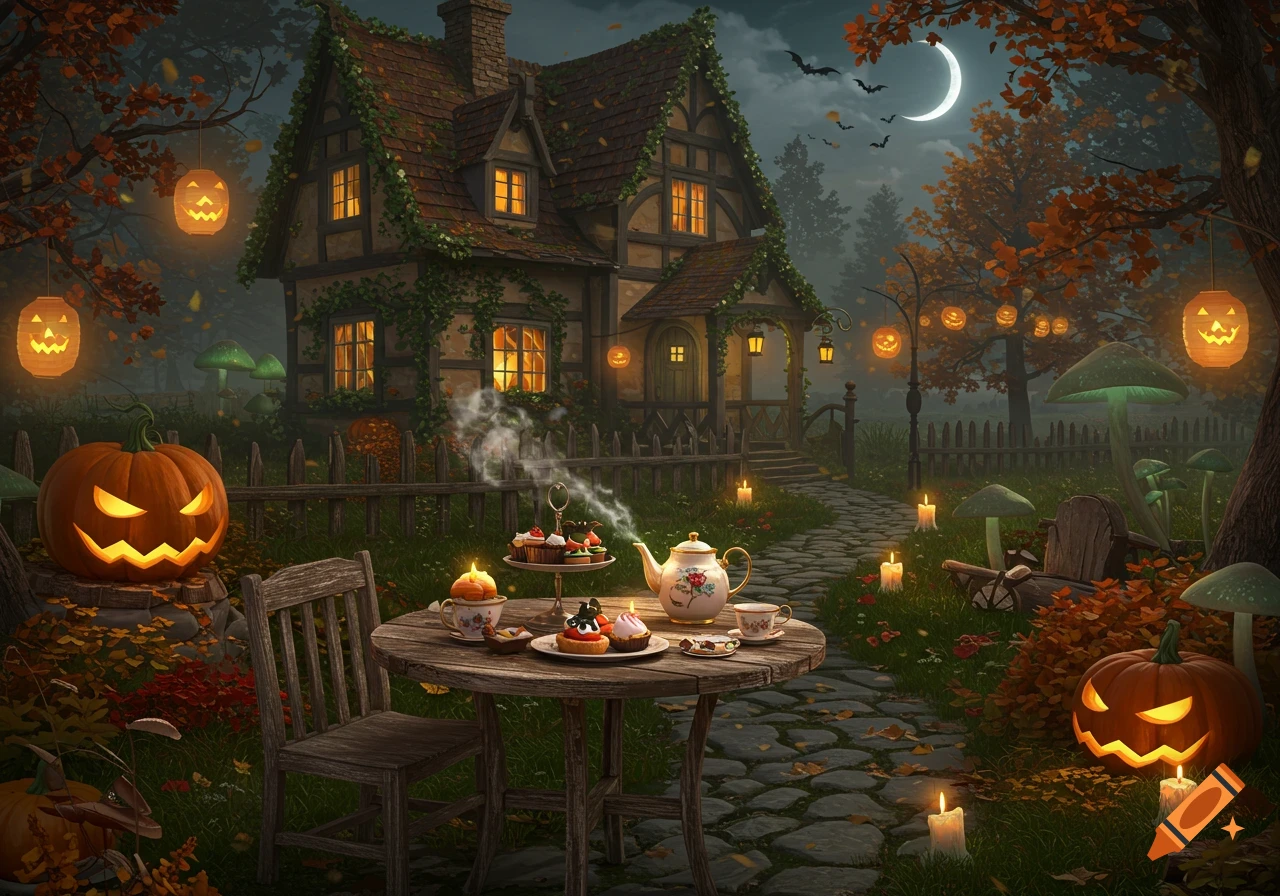 A magical Halloween scene with a cozy cottage, glowing jack-o'-lanterns, a full moon, bats, and a tea party set up in an autumn garden.