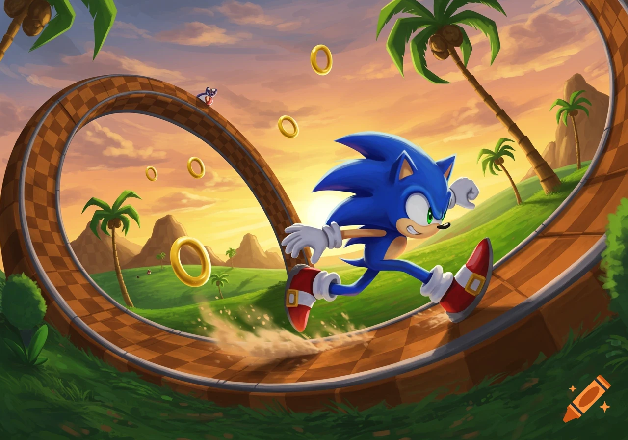 Sonic the Hedgehog runs on a loop-de-loop track in a vibrant, cartoonish landscape at sunset with palm trees.