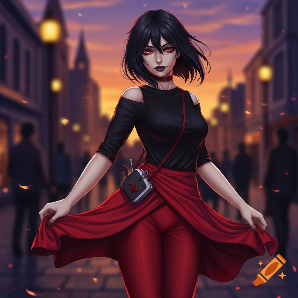 Anime woman with black hair and red eyes, wearing a black shirt and red skirt over pants, posing on a city street at sunset.