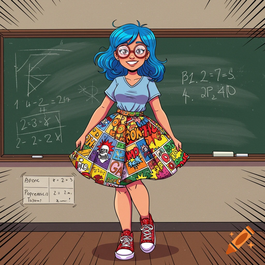 A cartoon girl with blue hair and glasses, wearing a comic book print skirt and red sneakers, smiles in front of a chalkboard.