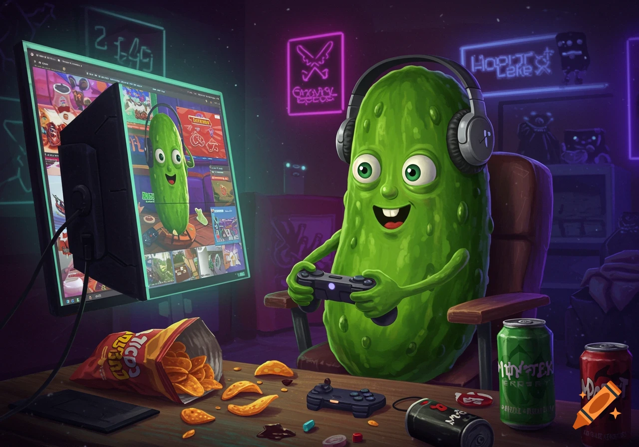 A happy anthropomorphic pickle with headphones plays video games on a computer, surrounded by chips and soda cans in a neon-lit room.