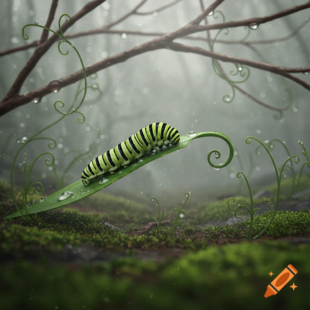 A vibrant green and black striped caterpillar crawls on a dew-covered leaf in a misty forest, with water droplets on surrounding vines and branches.