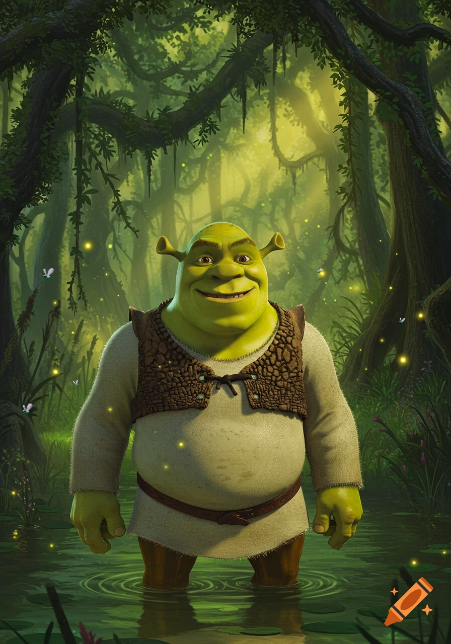 Shrek, the green ogre, stands smiling in a mystical, green swamp surrounded by trees and glowing fireflies, in a digitally illustrated style.