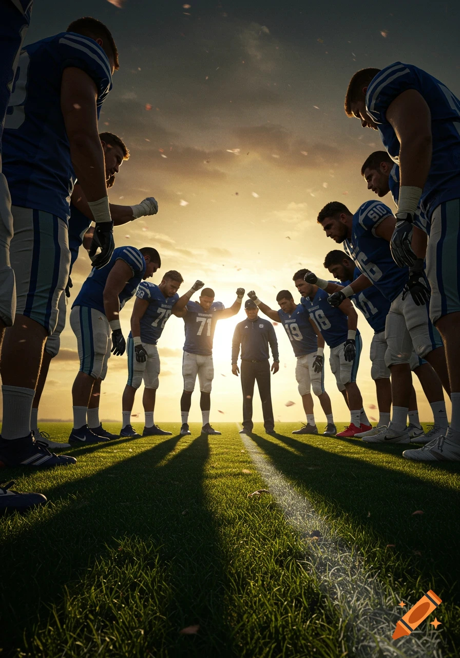 Photorealistic image of an American football team and coach in a power huddle on a field at sunset.
