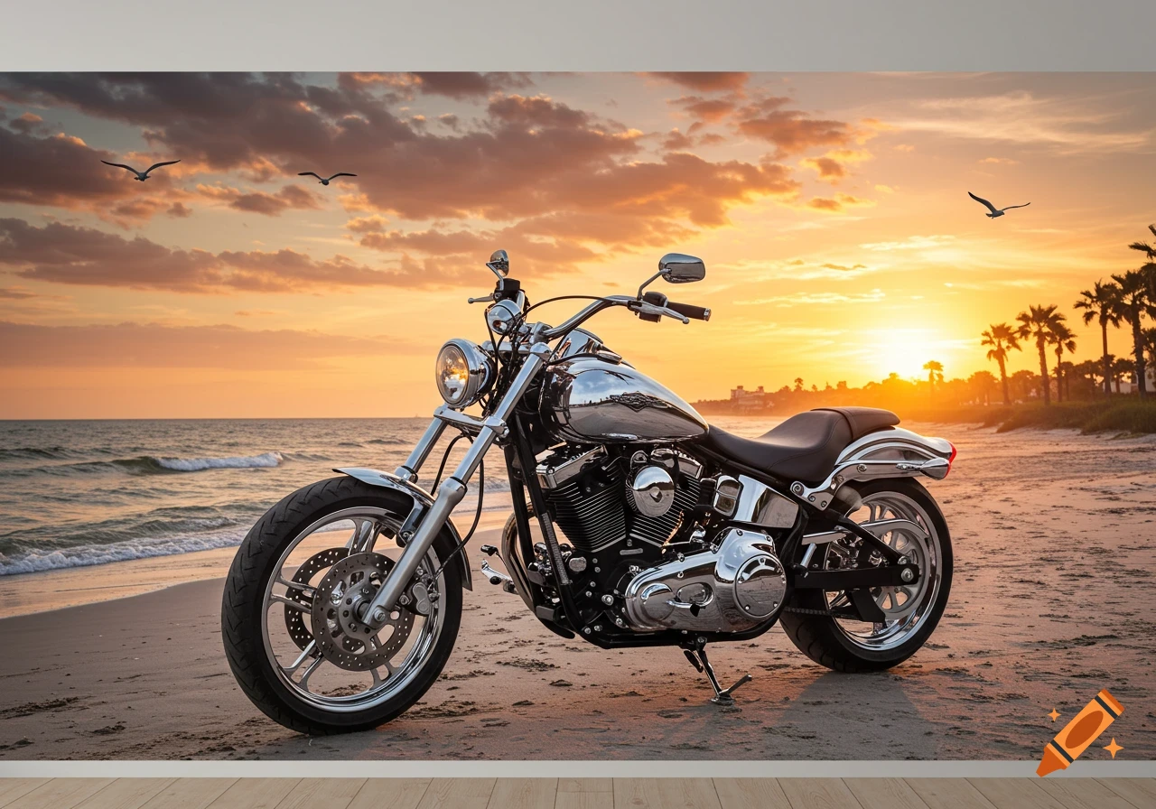 A shiny chrome motorcycle parked on a sandy beach at sunset, with palm trees and seagulls.