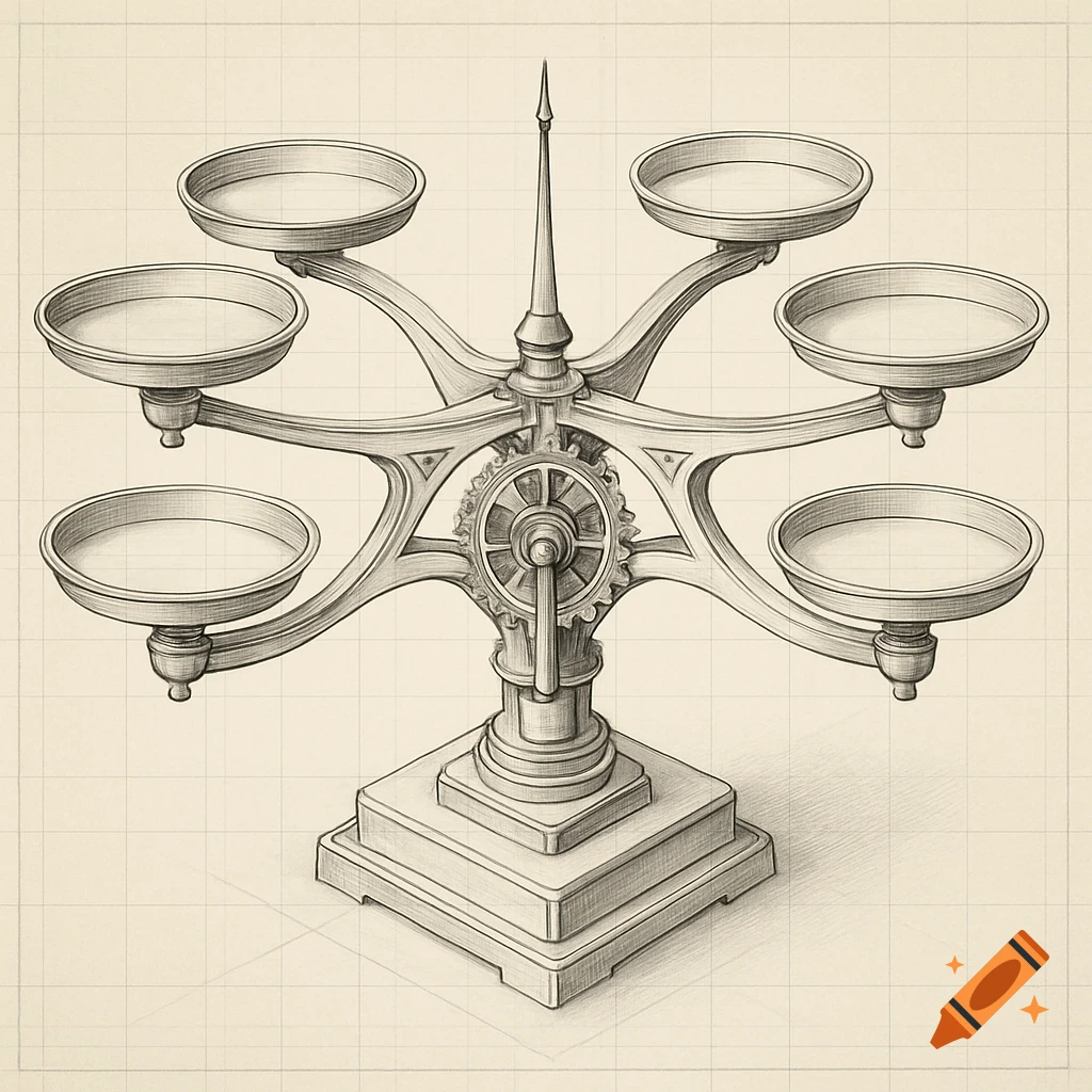 Highly detailed technical drawing of an intricate balance scale with six pans on a gridded background.