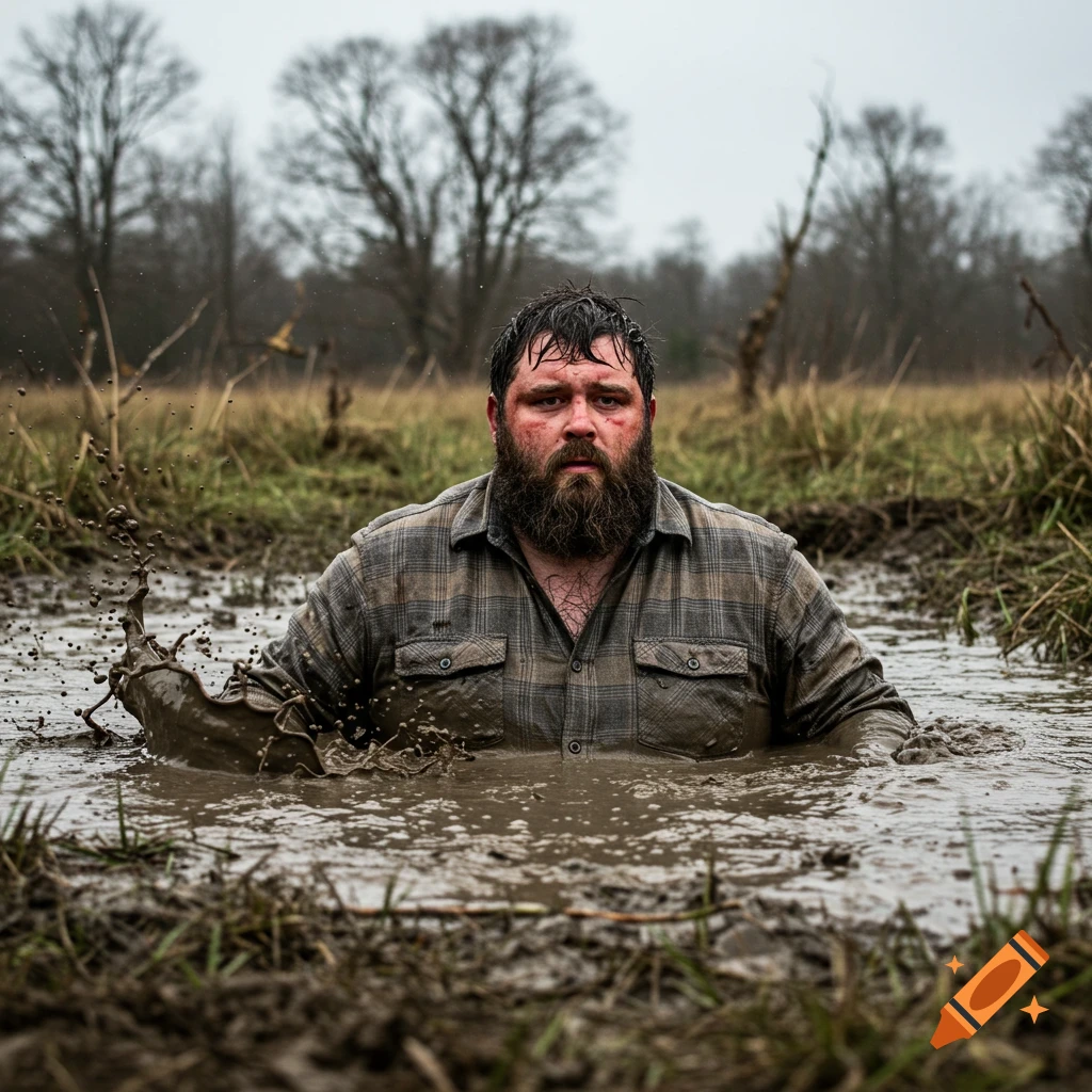 Photorealistic image of a bearded man in a plaid shirt sinking shoulder-deep in a muddy bog with mud splashing.