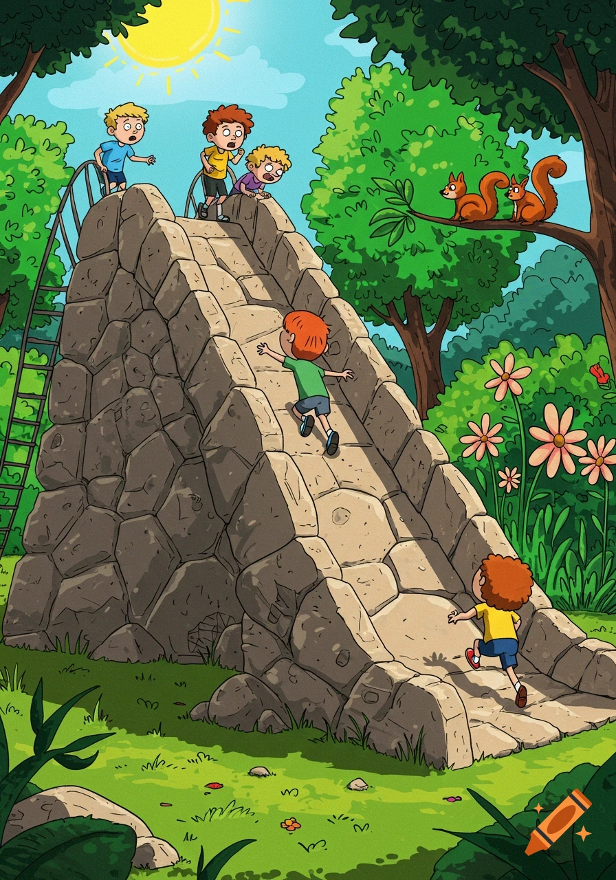 Cartoon children climb a large rock slide in a sunny park with trees and squirrels.