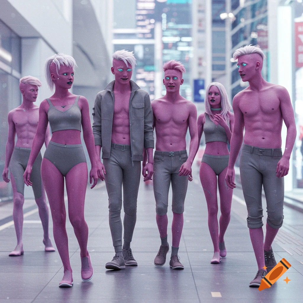 A group of pink-skinned, white-haired aliens with glowing blue eyes walk on a futuristic city sidewalk.