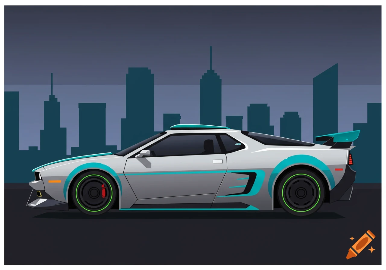 A stylized illustration of a white and teal futuristic car with a spoiler, seen from the side against a dark city skyline.
