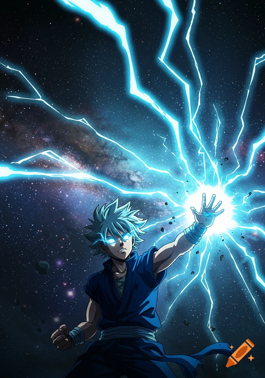 An anime character with glowing blue eyes and spiky hair casts a powerful blue lightning attack from his hand in dark outer space.