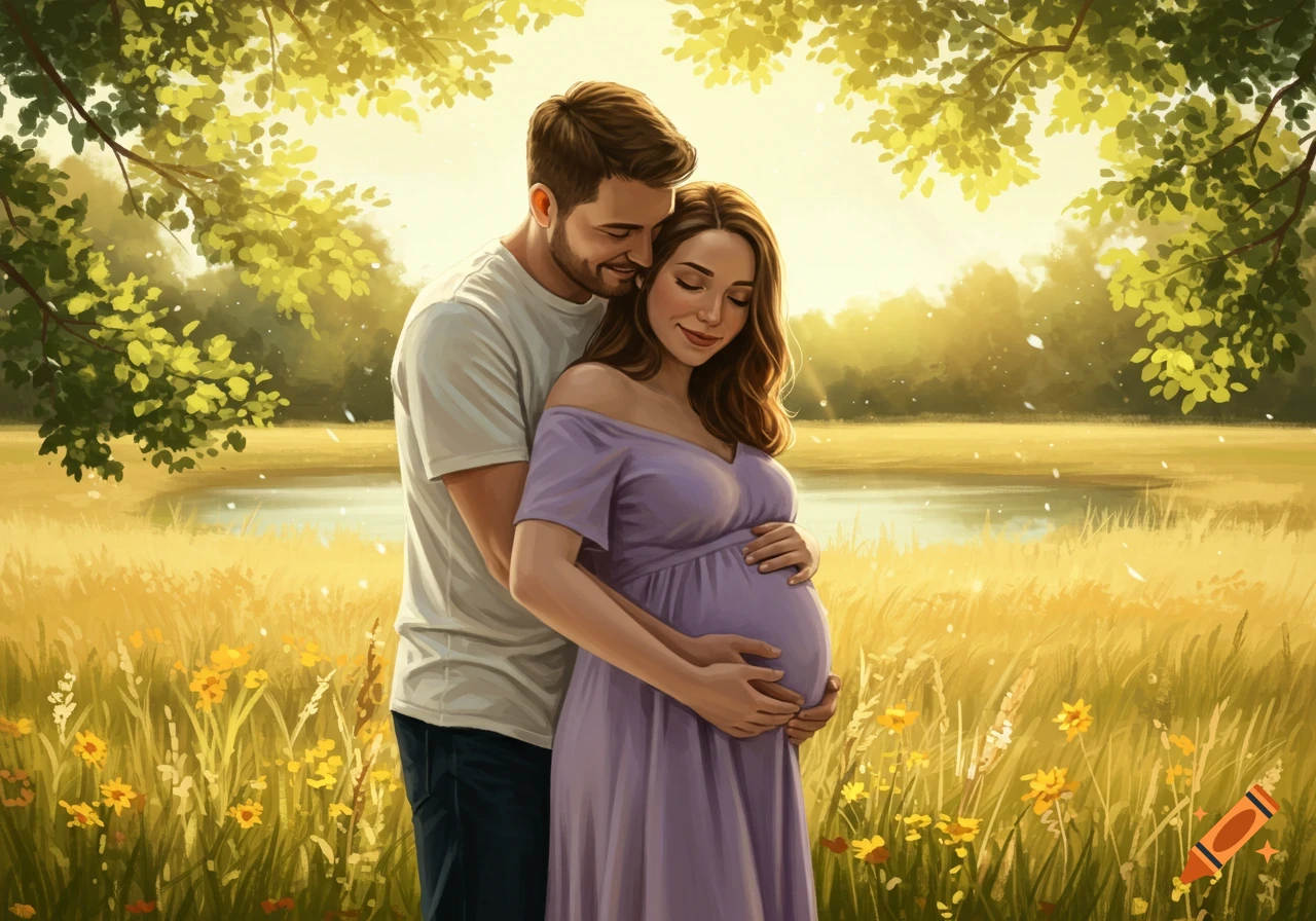 A man embraces his pregnant wife in a sunlit field with yellow flowers and a pond, in an illustration style.