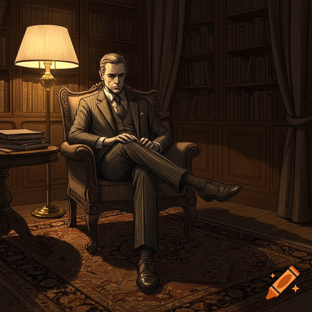 An illustrated portrait of a man in a pinstripe suit sitting in an armchair in a dimly lit library.