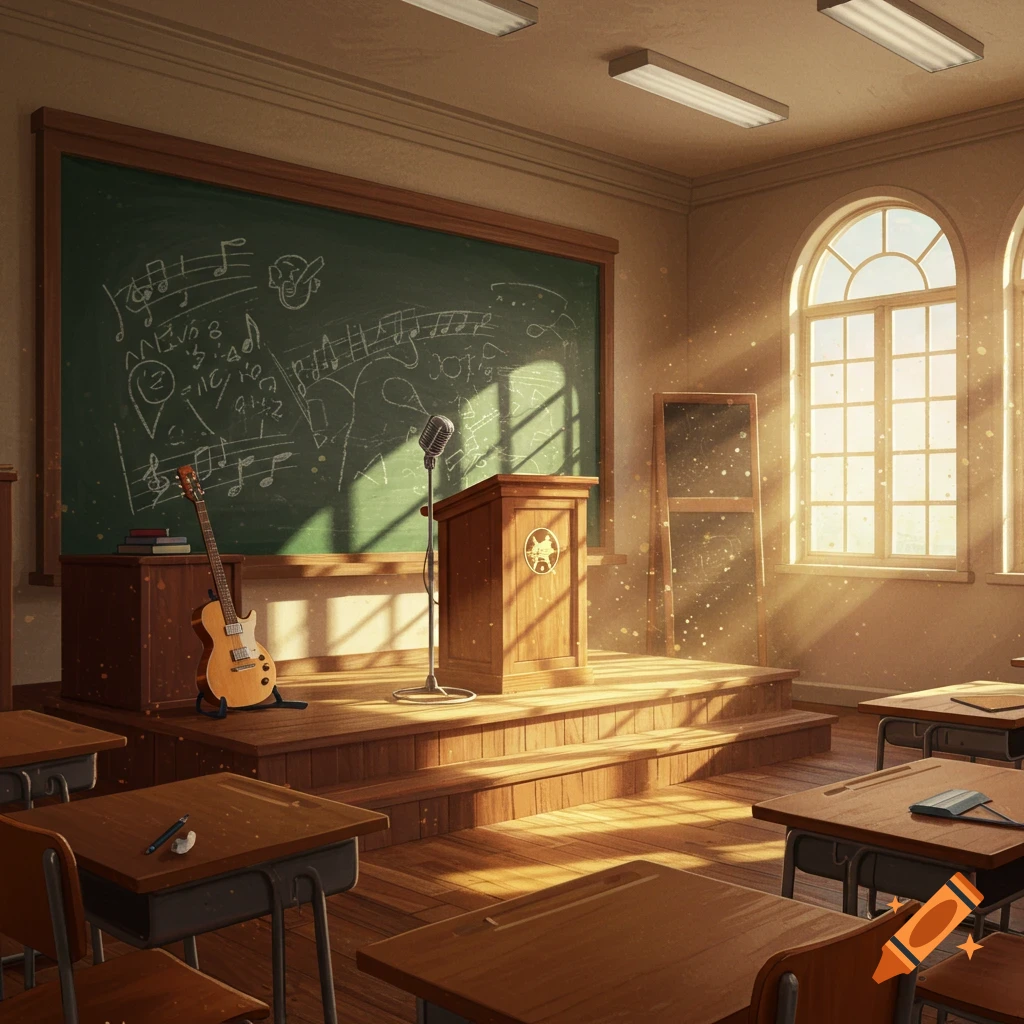 An empty, sunlit classroom with a stage, a chalkboard filled with musical notes and scribbles, a guitar leaning against a desk, and a vintage microphone.