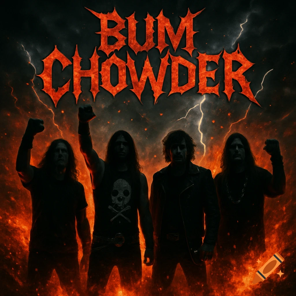 Four shadowy heavy metal band members raise fists in a fiery, stormy landscape under the band name 'BUM CHOWDER'.