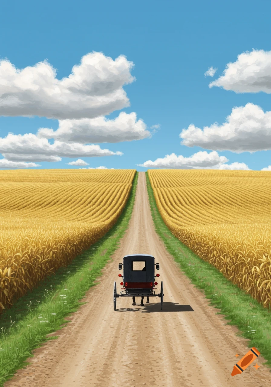 An Amish buggy travels down a long dirt road through golden cornfields under a bright blue sky with white clouds.