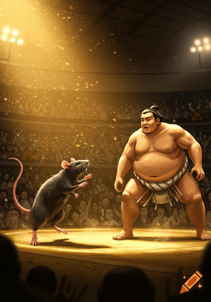 A giant sumo wrestler looks surprised as he faces a small rat in a brightly lit sumo ring, with a crowd watching.