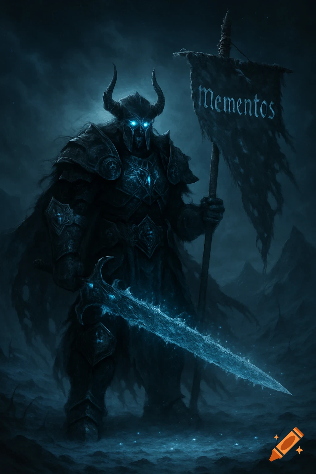 Dark armored knight with glowing blue eyes holds a glowing sword and tattered 'Mementos' banner in a desolate landscape.