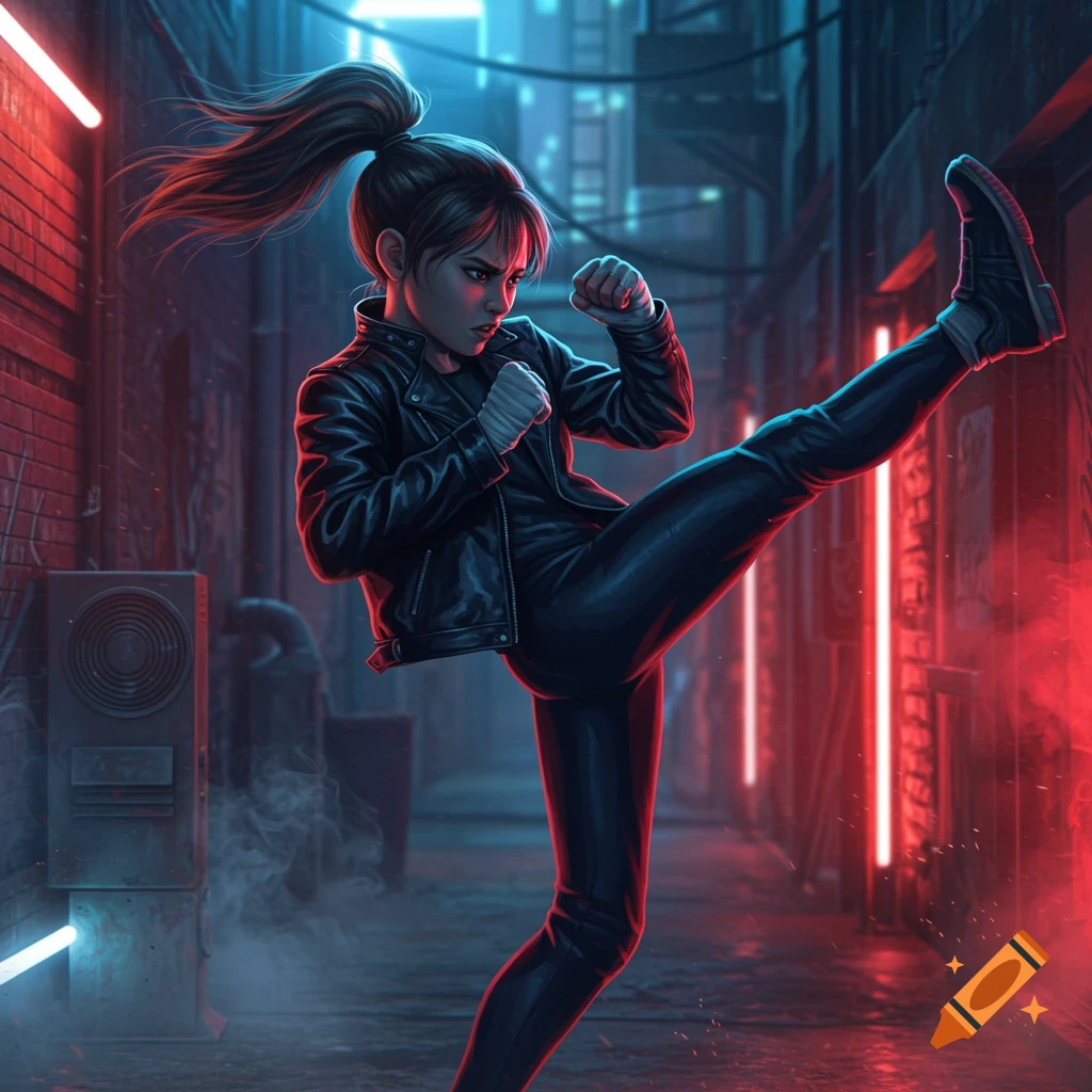 A young woman in a black leather jacket and pants performs a high kick in a neon-lit futuristic alley.