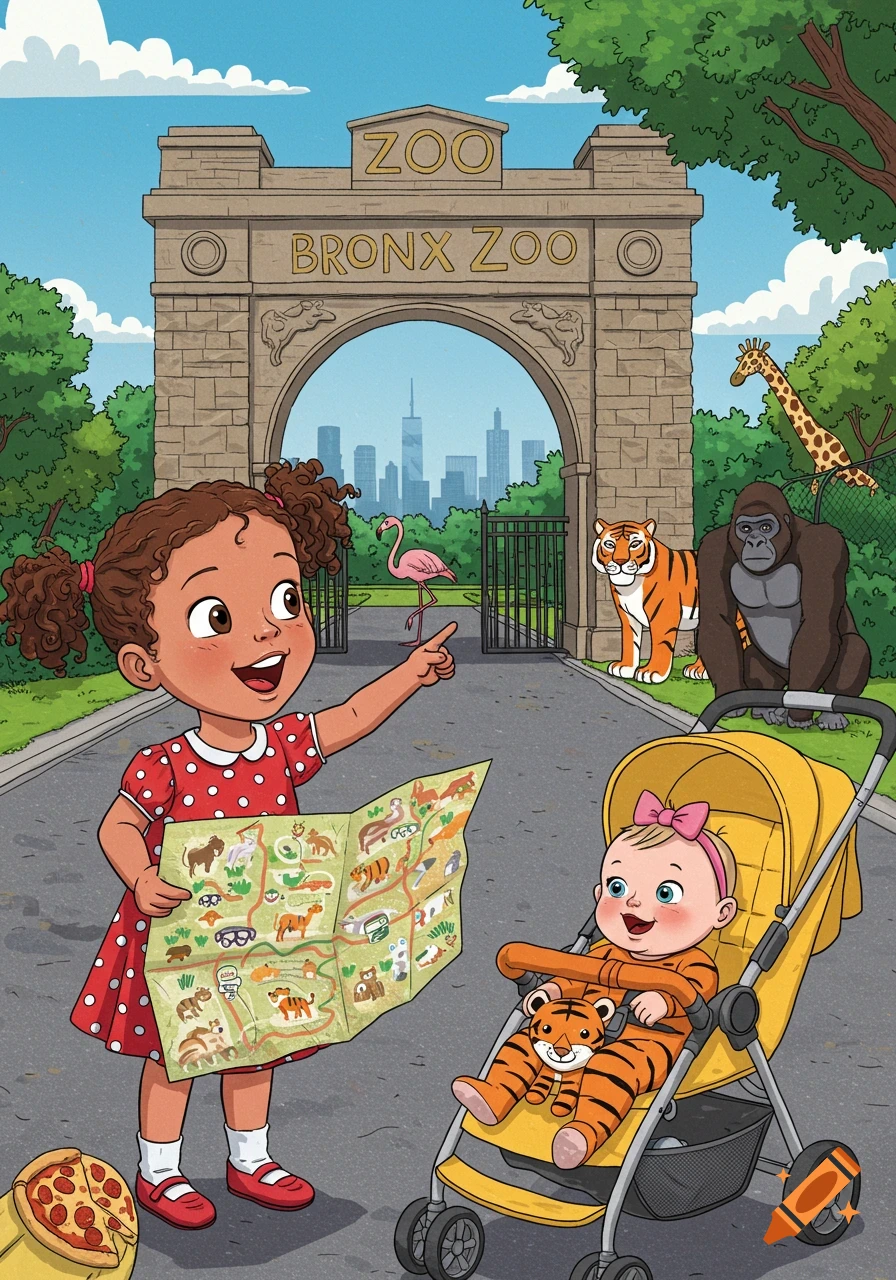 Cartoon of a girl with a map pointing at a baby in a stroller at the Bronx Zoo entrance with animals and city skyline.