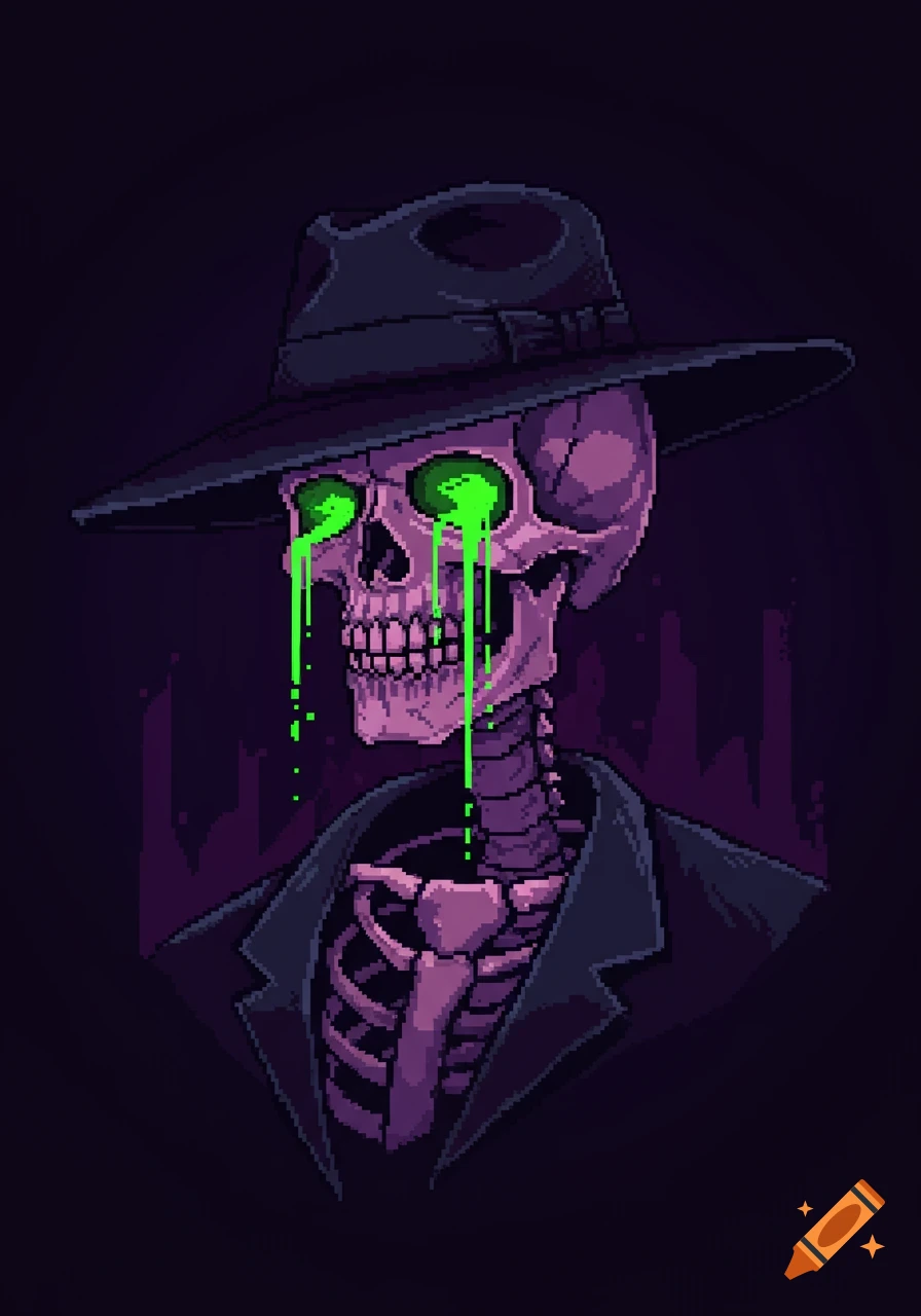 A pixel art depiction of a purple skeleton wearing a black fedora, with bright green acid dripping from its eye sockets.