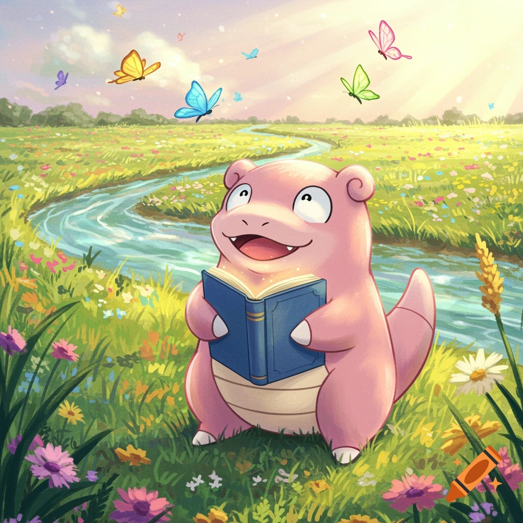 A happy pink Slowpoke reads a blue book in a sunlit green meadow with a stream, colorful flowers, and butterflies flying around.