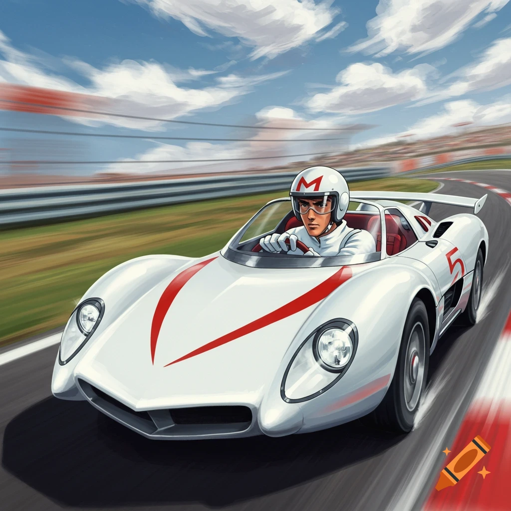 Speed Racer, wearing a white helmet with an M, drives the white Mach 5 race car with red accents and a number 5 on a track under a blue sky.