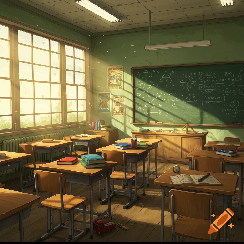 An empty classroom with desks, chairs, and a blackboard covered in math equations. Sunlight streams through large windows on the left.
