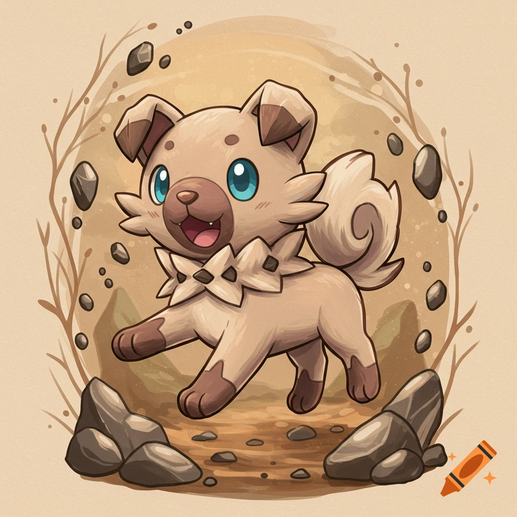 A cute, brown, cartoon Rockruff Pokémon with blue eyes and a spiky collar leaps through a rocky landscape, digital illustration.