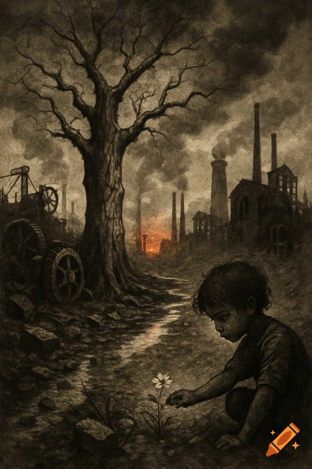 A child crouches in a desolate, industrial landscape with smoking factories and a bare tree, gently touching a single white flower. Stylized dark art.