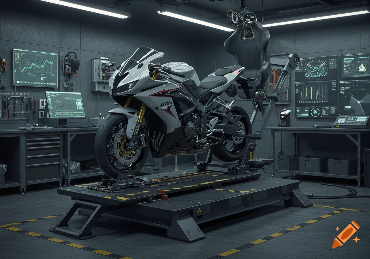 A modern sportbike on a testing platform in a high-tech workshop with monitors displaying data, photorealistic.