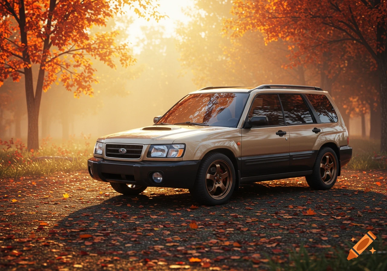 A tan Subaru Forester SUV parked on a road covered in autumn leaves with trees in the background bathed in golden light.