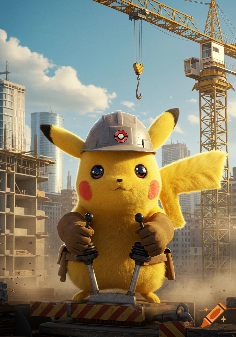 Photorealistic Pikachu wearing a hard hat and operating a crane at a busy construction site.