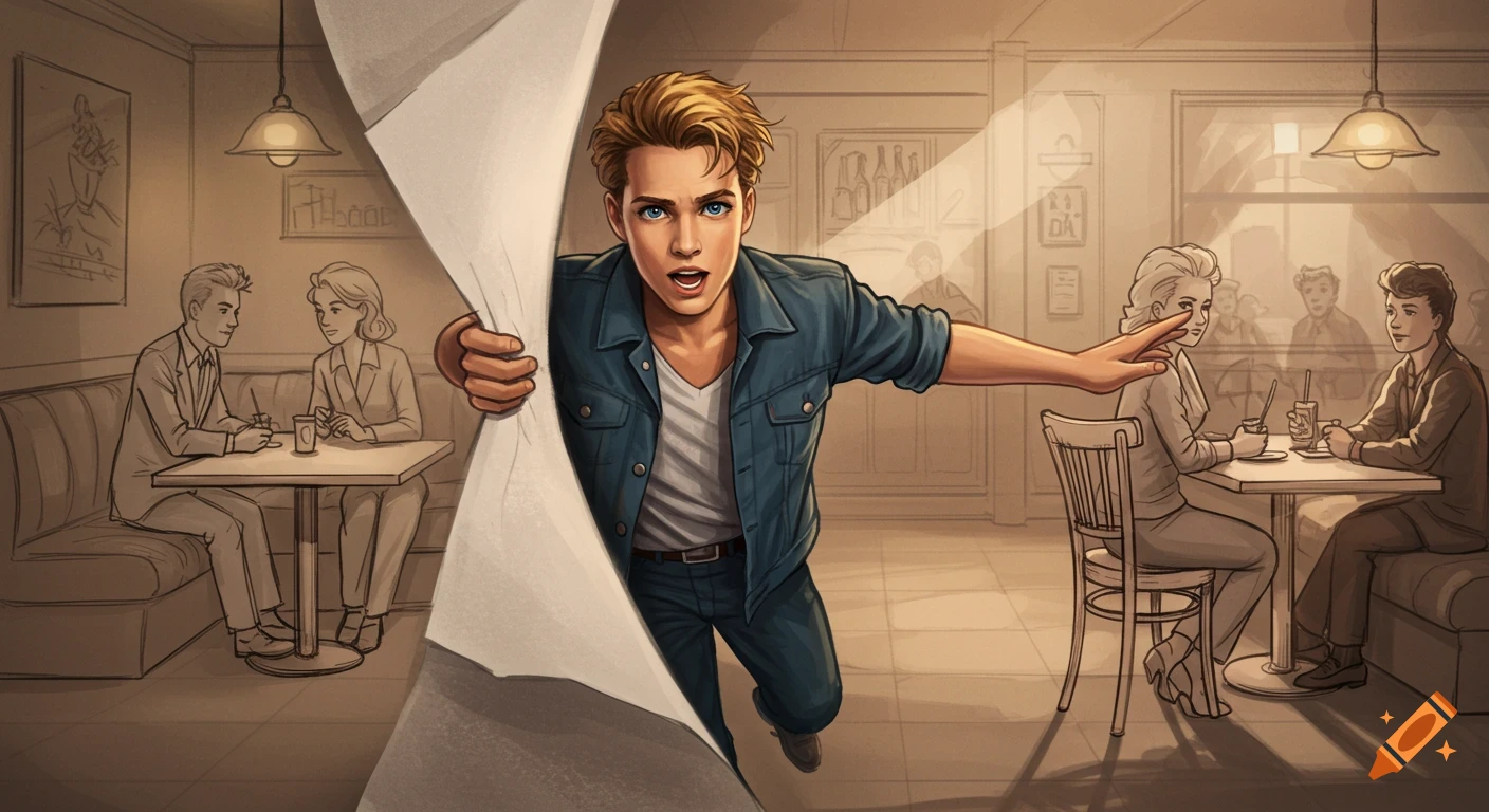 A blonde man with blue eyes in a denim jacket bursts from a sketch into a cafe, in the style of the 'Take On Me' music video.