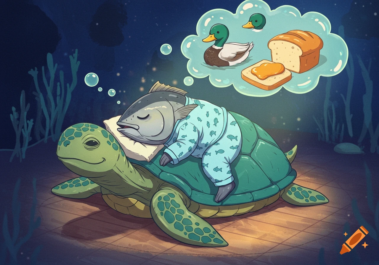 An anime-style tuna fish in pajamas sleeps on a large turtle underwater, dreaming of ducks and bread.