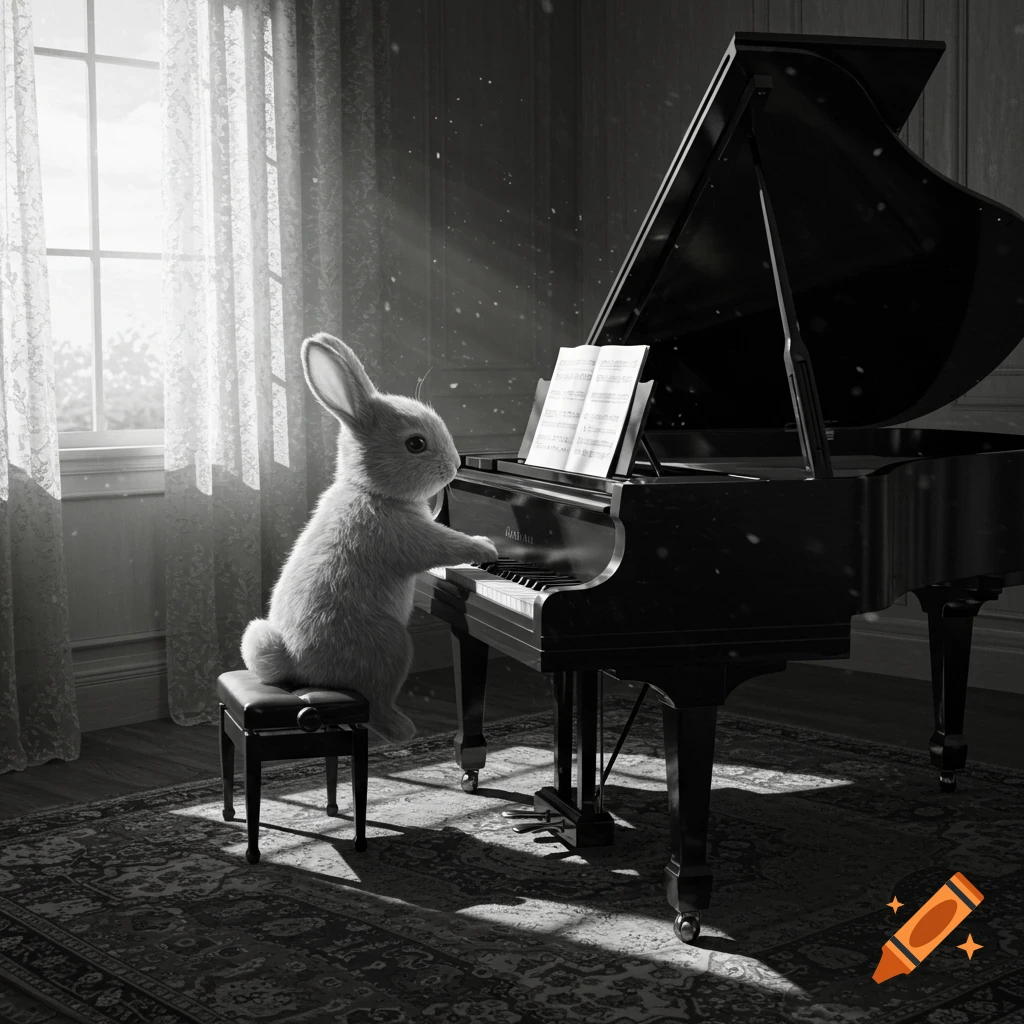 A fluffy bunny sits on a stool, playing a grand piano in a sunlit room, rendered in black and white.