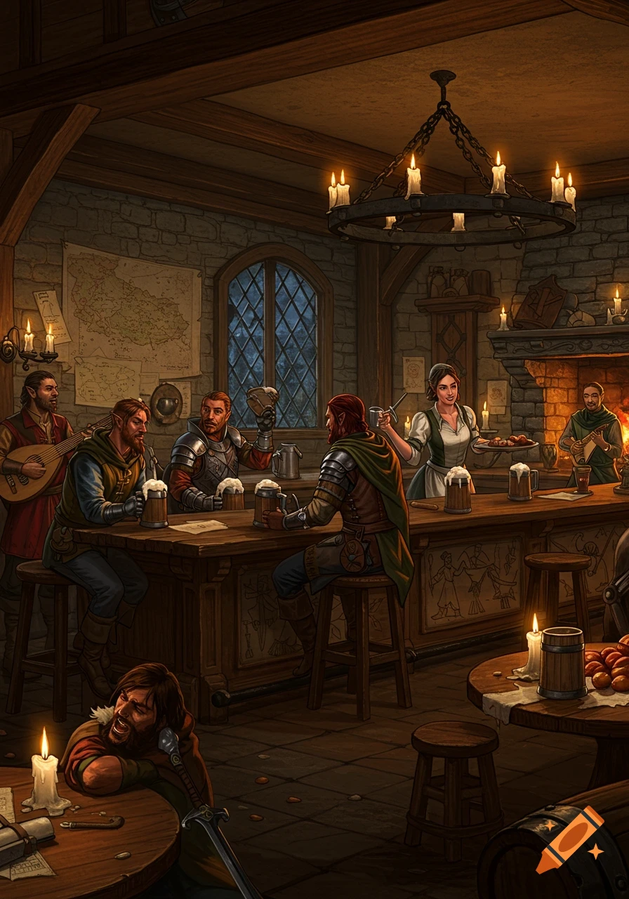A bustling fantasy tavern filled with patrons, a bard playing music, and a server behind the bar.