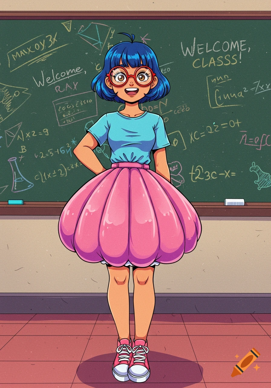 A cartoon girl with blue hair and red glasses stands in front of a chalkboard in a classroom, wearing a light blue t-shirt and a pink puffy skirt.