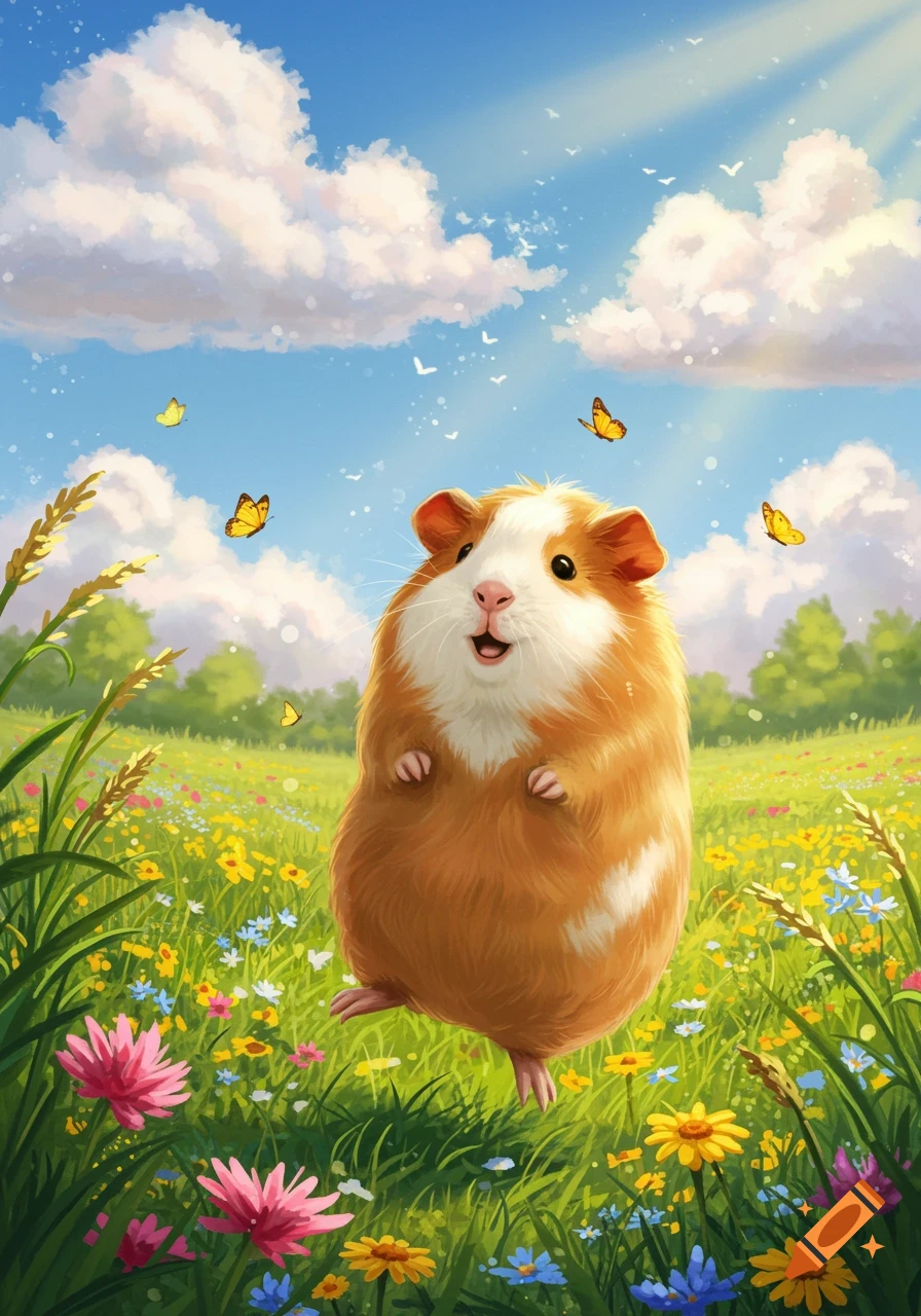 A cute guinea pig stands upright in a vibrant field of wildflowers under a blue sky with clouds and butterflies. Illustrative style.
