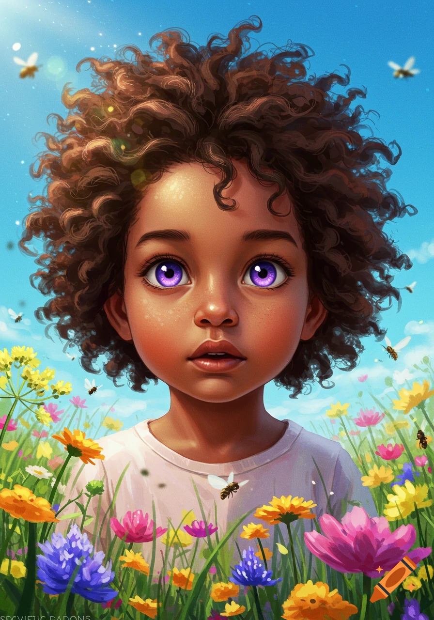 An illustration of a child with curly hair and purple eyes standing in a vibrant field of colorful flowers under a bright blue sky.