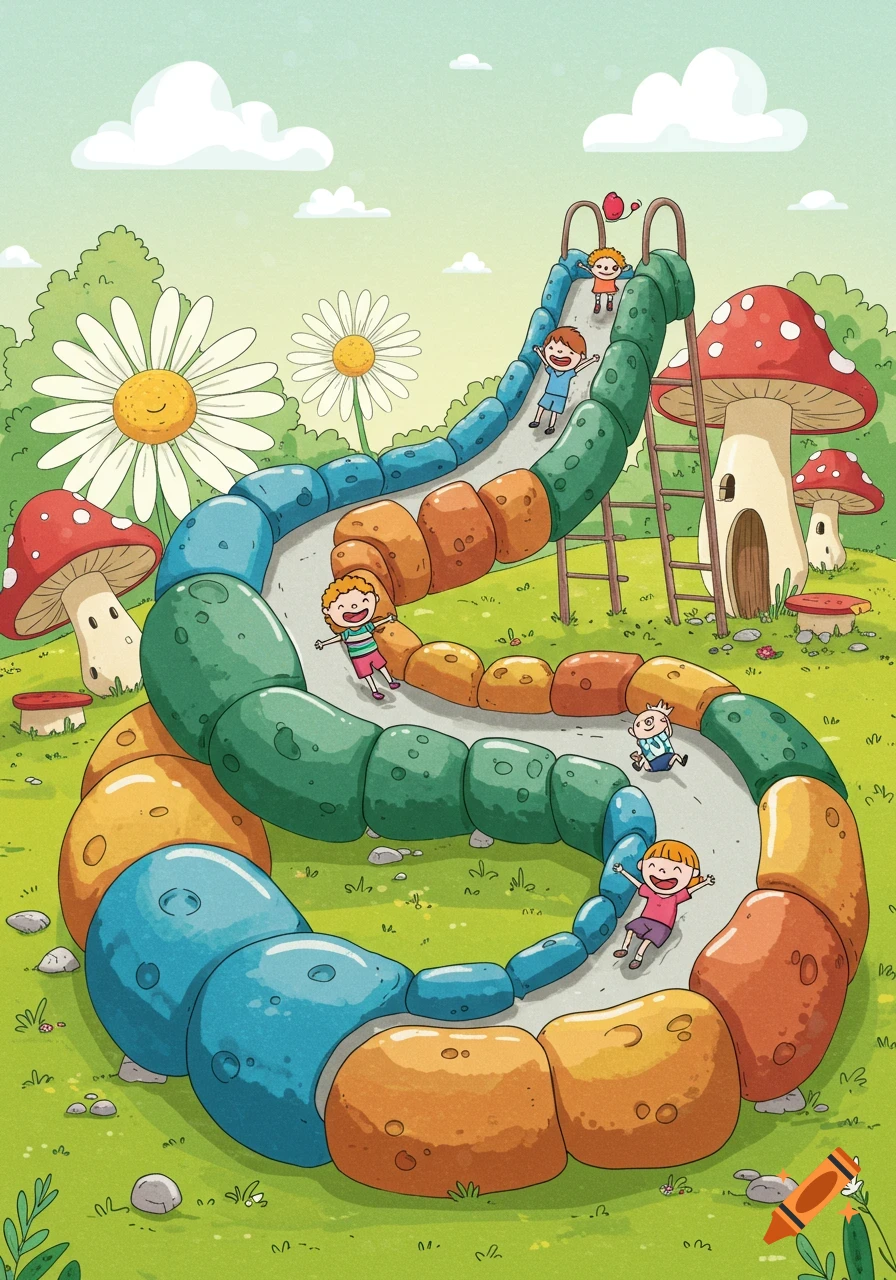 A cartoon illustration of children sliding down a colorful, winding slide made of bumpy rocks in a whimsical landscape with mushroom houses and smiling daisies.