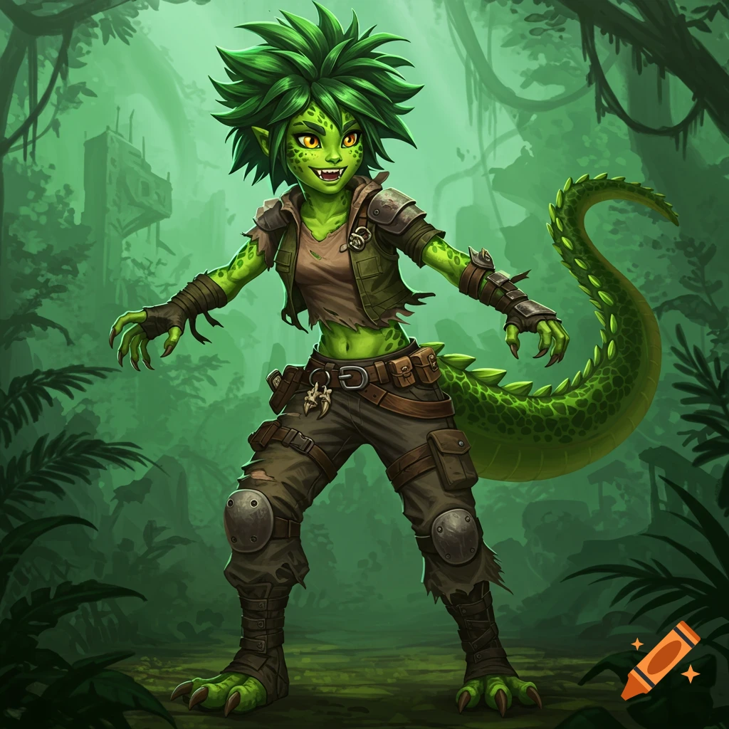 A stylized green reptilian girl with spiky hair, scales, and a tail, wearing a rugged outfit, stands in a jungle.