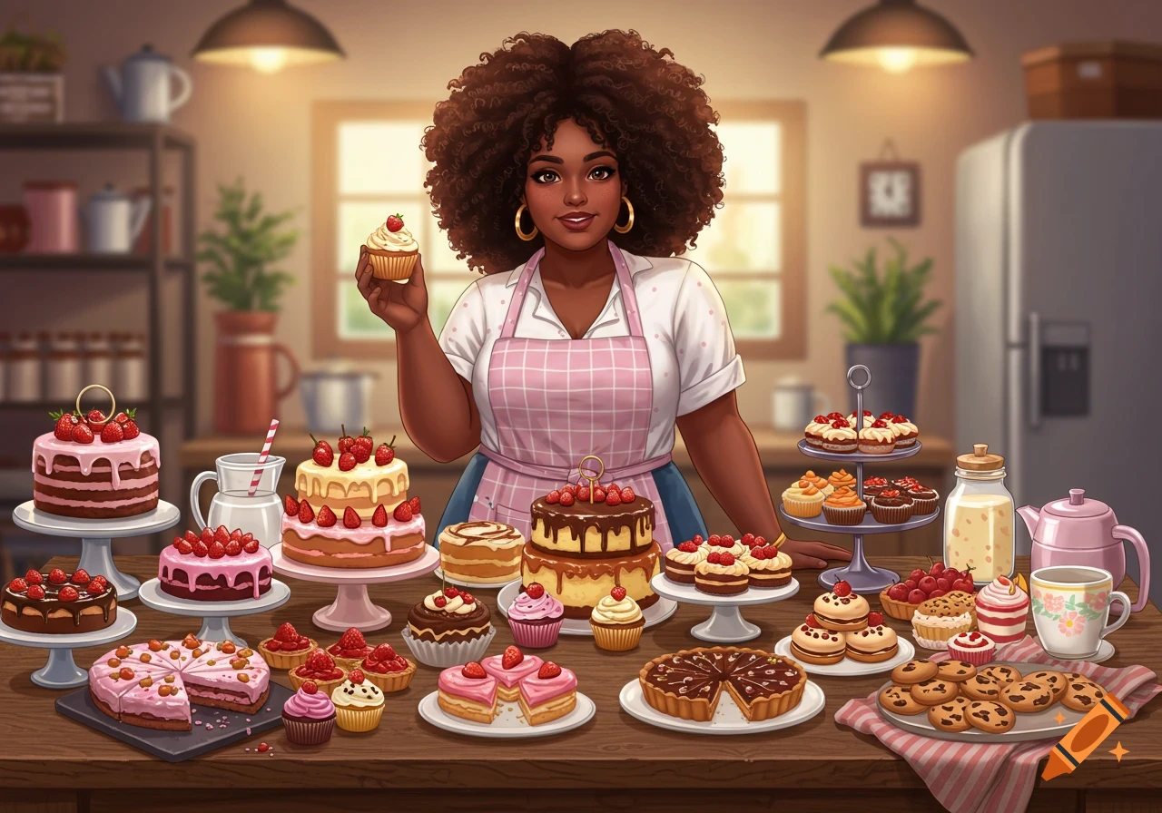 An illustration of an African American woman with curly hair, holding a cupcake behind a table full of desserts.