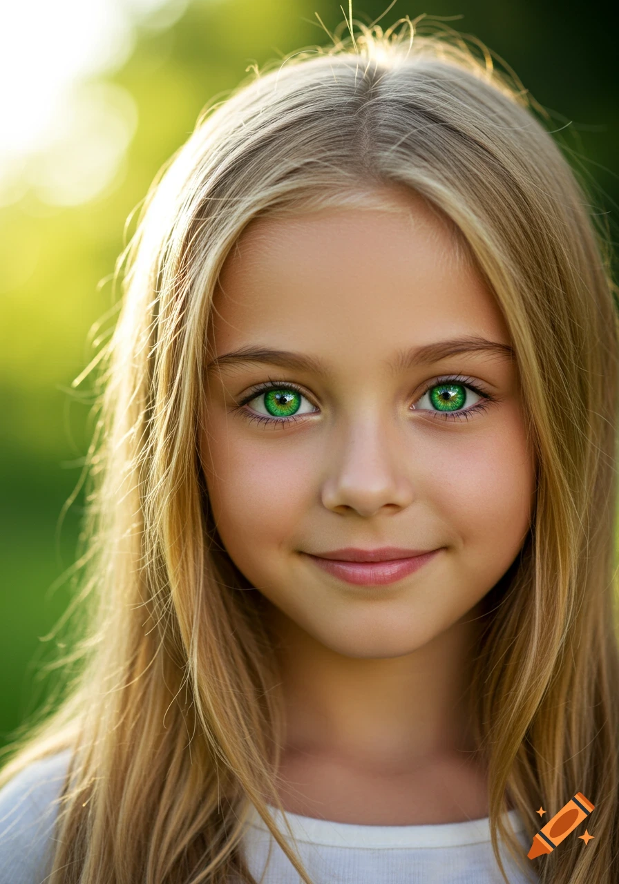 A close-up photorealistic portrait of a young girl with long blonde hair and bright green eyes, smiling outdoors with a blurred green background.