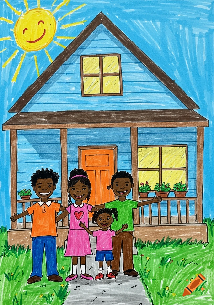 Crayon drawing of an African American family of four smiling in front of a blue house with an orange door and a bright sun.