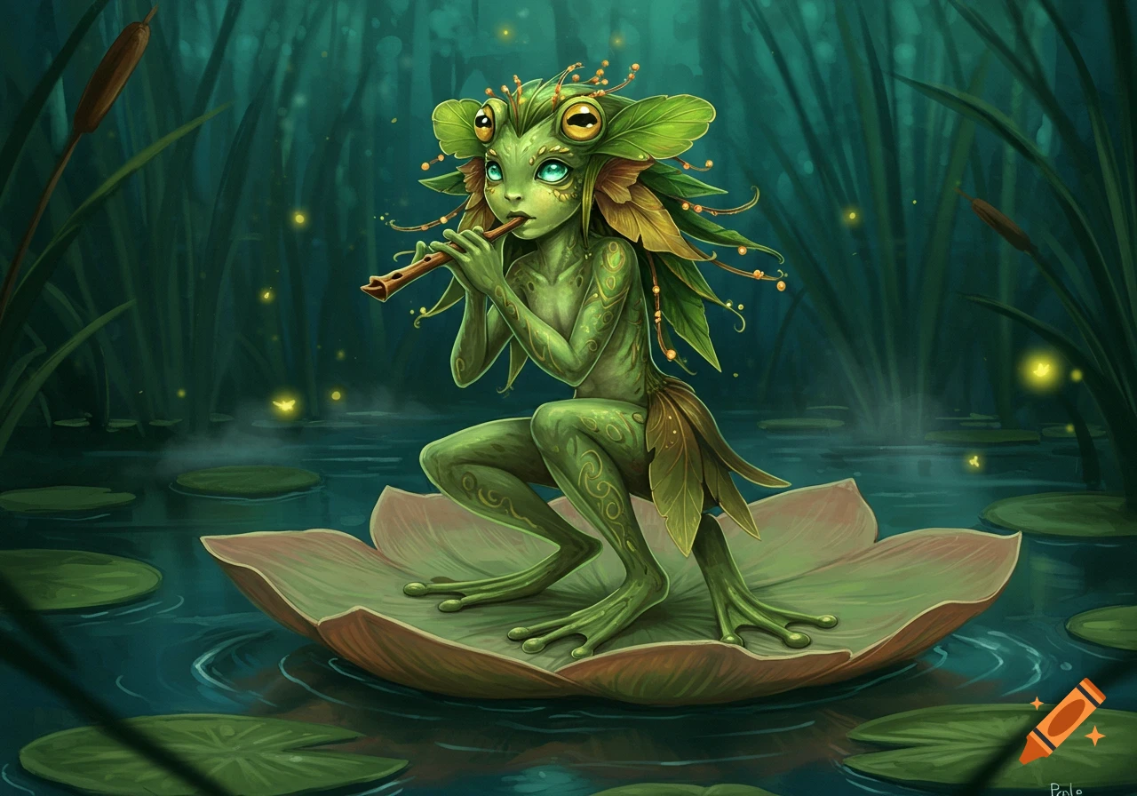 A green, frog-like creature with large eyes plays a flute on a lily pad in a dark, glowing swamp. Fantasy art.