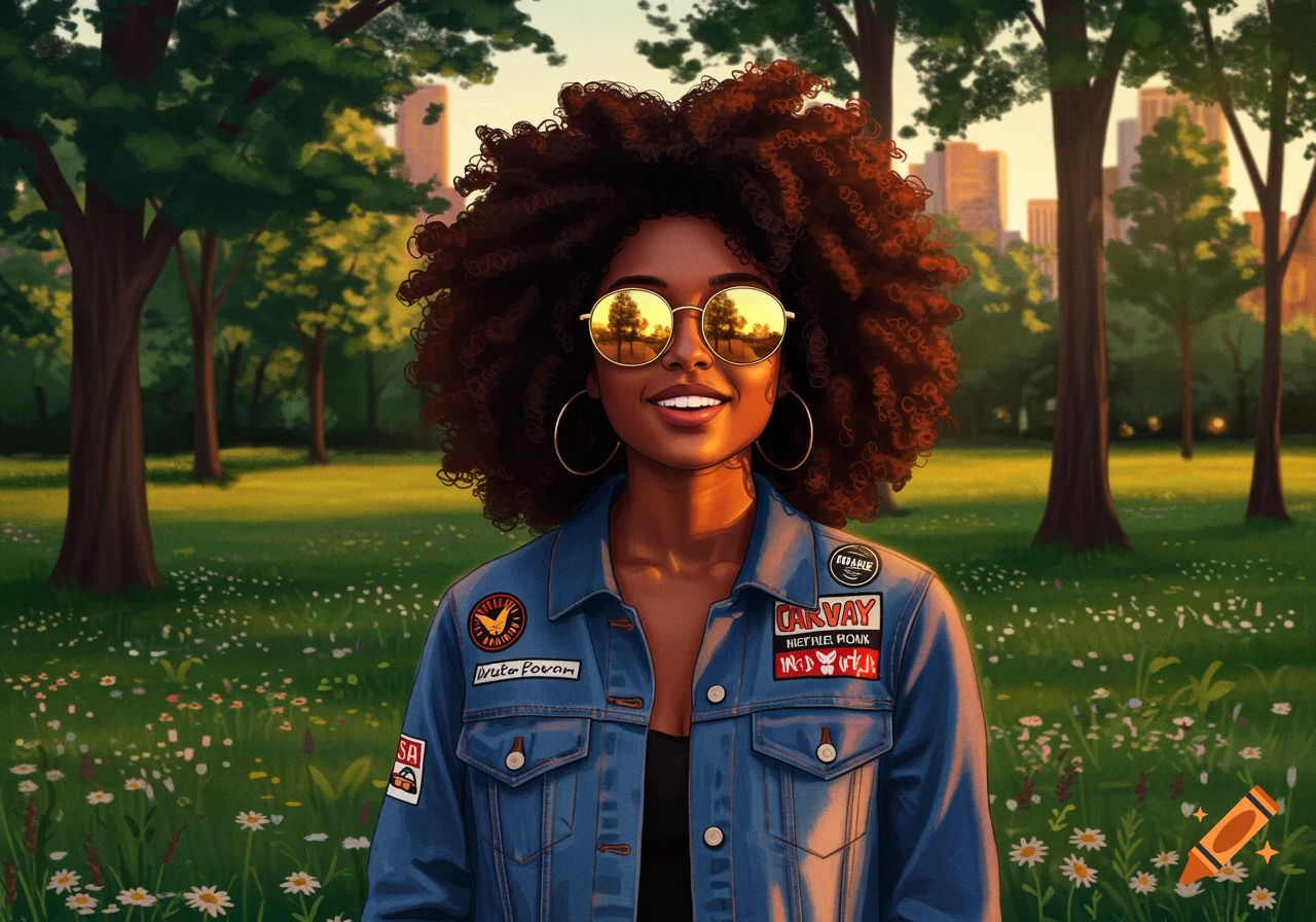 An illustrated portrait of a smiling Afro-American woman with large curly hair and sunglasses, wearing a denim jacket with patches, standing in a sunny park with trees and a city skyline.