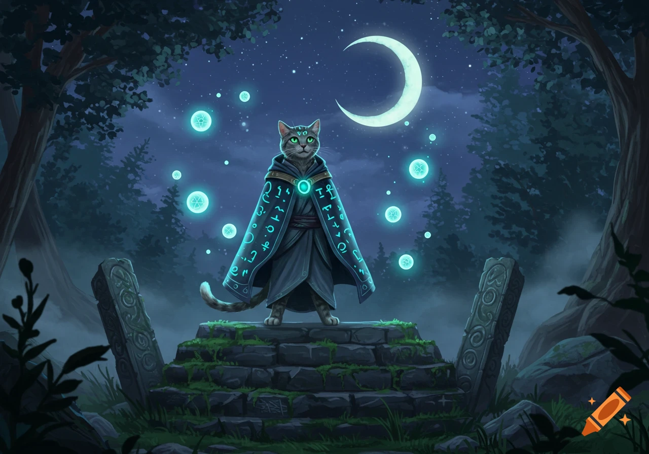 A grey cat in a wizard's cloak stands on stone steps in a magical forest at night with glowing orbs and a crescent moon.