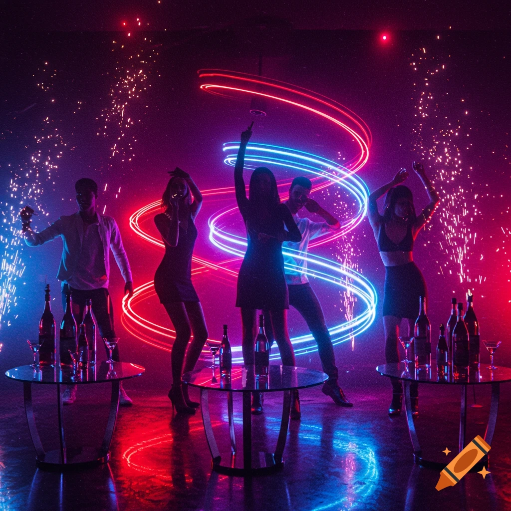 People dancing at a vibrant party with glowing neon light trails, sparklers, and bottles on tables in a dark setting.