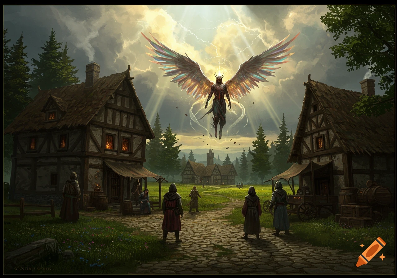 A powerful winged figure with glowing eyes descends from a stormy, sunlit sky into a medieval village, observed by villagers.